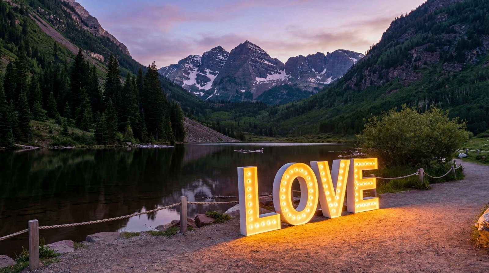 Maroon Bells at dusk with lit up marquee letters saying "LOVE" place on the gravel